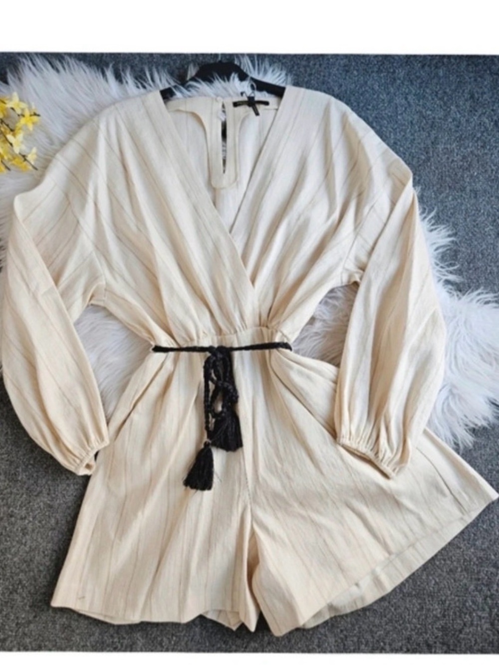 NWT Maje Cream Linen-Cotton Romper with Black Tassel Belt